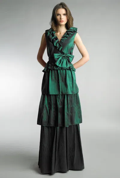 Basix Black Label Sleeveless Gown With Sash Belt In Green