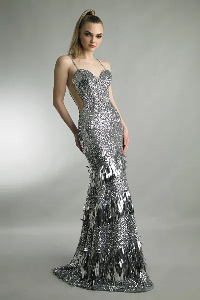 Basix Black Label Sleeveless Sweetheart Embellished Gown In Gray