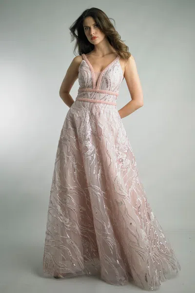 Basix Black Label Sleeveless V Neck Beaded Evening Gown In Pink