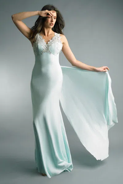 Basix Black Label Sleeveless V Neck Evening Gown In Blue