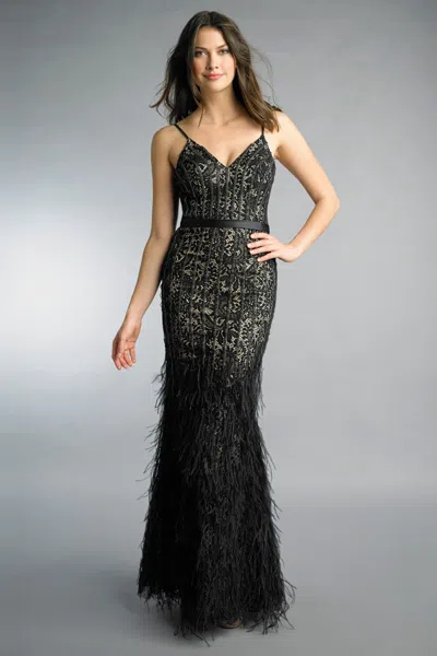 Basix Black Label Spaghetti Strap Gown With Feather Accent