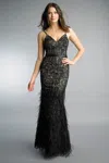 Basix Black Label Spaghetti Strap Gown With Feather Accent In Black