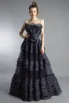 Basix Black Label Strapless Crumb Catcher Ruffle Gown