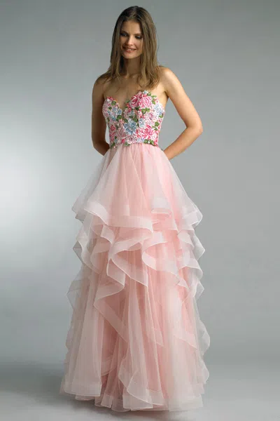 Basix Black Label Strapless Floral Embroidered Gown In Pink