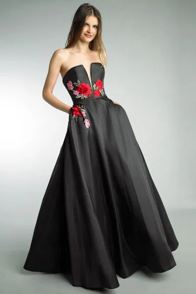 Basix Black Label Strapless Gown With Flowers In Black