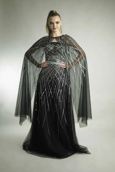 Basix Black Label Strapless Sequin Gown With Cape In Black