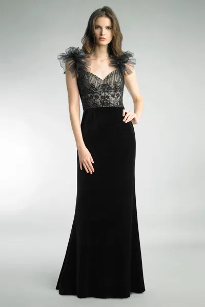 Basix Black Label Sweetheart Neckline Evening Gown With Shoulder Flowers In Black