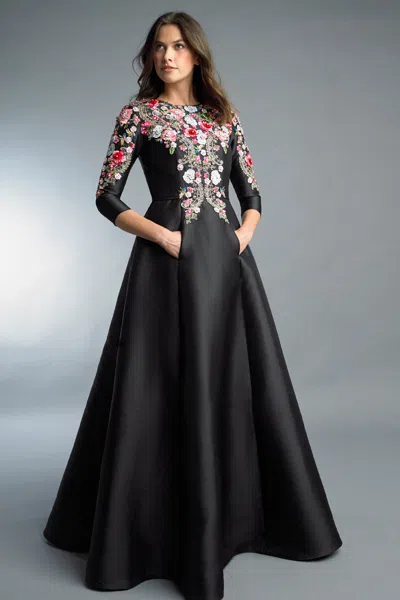 Basix Black Label Three Quarter Sleeve Floral Motif Gown In Black