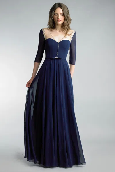 Basix Black Label Three Quarter Sleeve Gown With Sheer Neckline In Blue