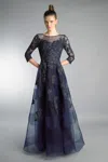 Basix Black Label Three Quarter Sleeve Sheer Lace And Embroidered Evening Gown