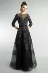 Basix Black Label Three Quarter Sleeve Sheer Lace And Embroidered Evening Gown