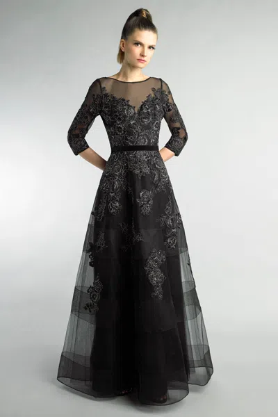 Basix Black Label Three Quarter Sleeve Sheer Lace And Embroidered Evening Gown