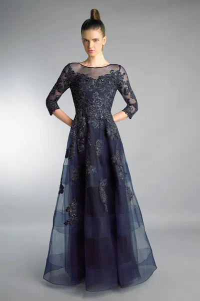 Basix Black Label Three Quarter Sleeve Sheer Lace And Embroidered Evening Gown In Blue