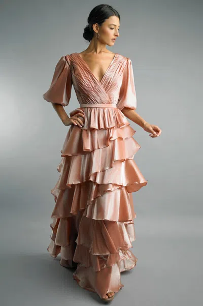 Basix Black Label Tiered Ruffle Wrap Gown In Blush In Gold