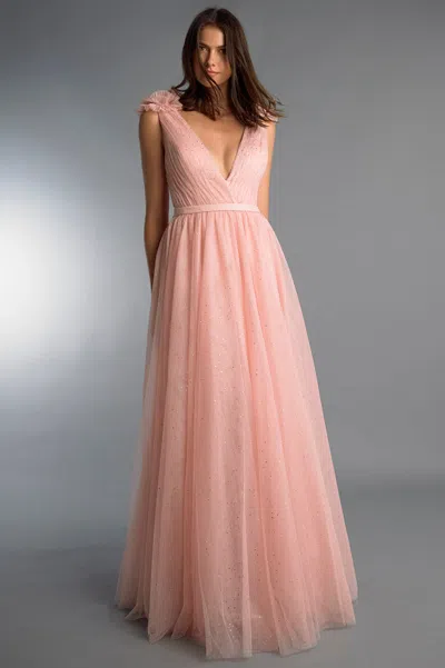 Basix Black Label V Neck Evening Dress With Nows On Shoulder In Pink