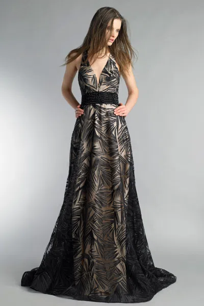 Basix Black Label V Neck Evening Gown In Black
