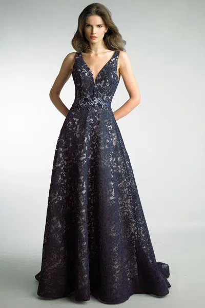 Basix Black Label V Neck Evening Gown In Blue