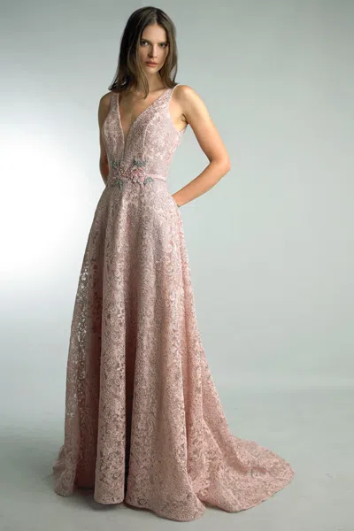 Basix Black Label V Neck Evening Gown In Gold