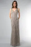 Basix Black Label V Neck Evening Gown With Clamshell Beaded Motif