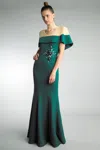 Basix Black Label V Neck Evening Gown With Floral Motif In Green