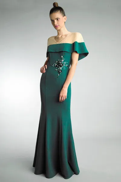 Basix Black Label V Neck Evening Gown With Floral Motif In Green