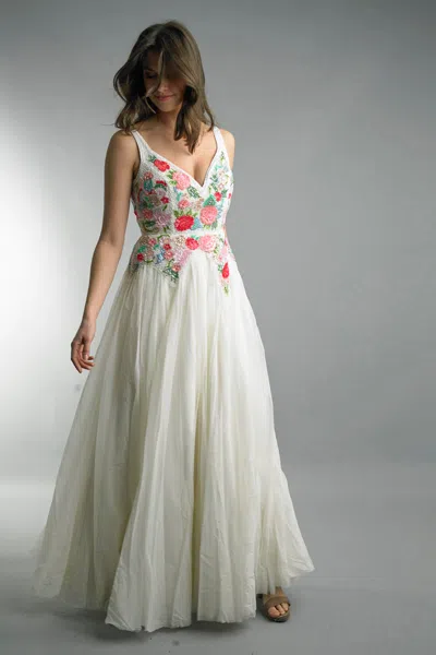 Basix Black Label V Neck Floral Evening Dress In White