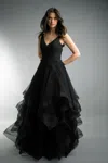 Basix Black Label V Neck Gown With Cascading Skirt In Black