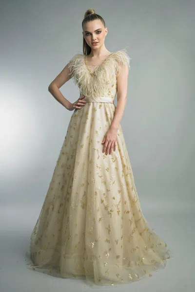 Basix Black Label V Neck Gown With Feathered Collar