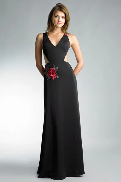 Basix Black Label V Neck Gown With Floral Applique