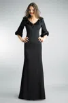 Basix Black Label V Neck Gown With Laser Cut Floral Motif On Sleeve And Neckline In Black