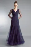 Basix Black Label V Neck Long Sleeve Godet A Line Gown In Blue
