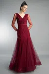 Basix Black Label V Neck Long Sleeve Godet A Line Gown In Burgundy