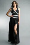 Basix Black Label V Neck Multi Pleat Gown With Border Pattern In Black