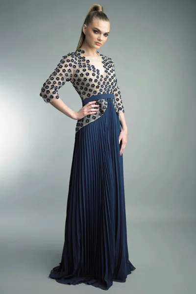 Basix Black Label V Neck Pleated Evening Gown