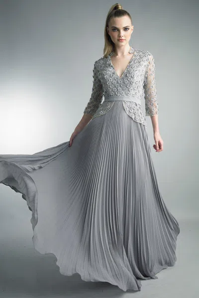 Basix Black Label V Neck Pleated Evening Gown