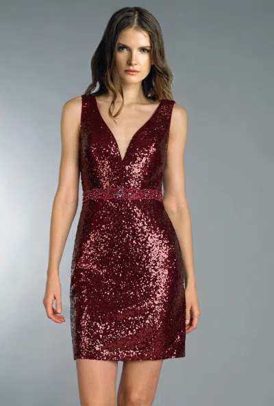 Basix Black Label V Neck Sequin Cocktail Dress In Burgundy