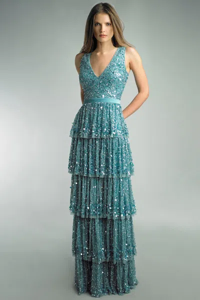 Basix Black Label V Neck Sequin Dress In Blue