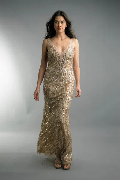 Basix Black Label V Neck Sequin Gown In Brown