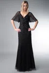 Basix Black Label V Neck Sequined Evening Dress With Sheer Sleeve