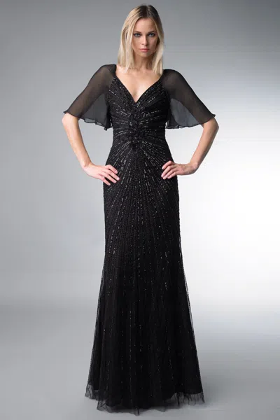 Basix Black Label V Neck Sequined Evening Dress With Sheer Sleeve In Black