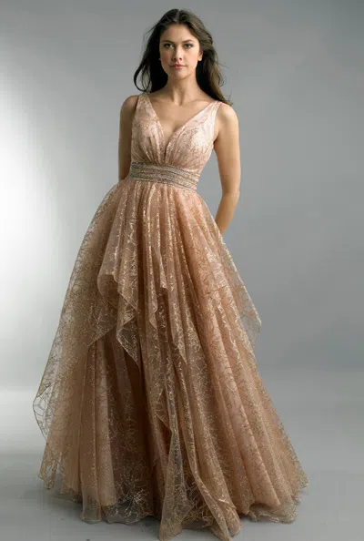 Basix Black Label V Neck Sequined Gown In Gold
