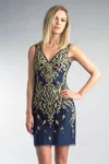 Basix Black Label V Neck Sleeveless Cocktail Dress With Gold Embellishment In Blue