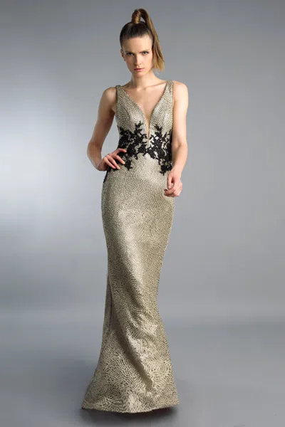 Basix Black Label V Neck Sleeveless Gown With Center Motif On Waist In Gray