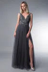 Basix Black Label V Neck Sleeveless Tulle Dress In Gray