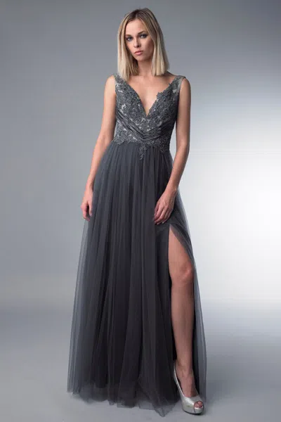 Basix Black Label V Neck Sleeveless Tulle Dress In Gray