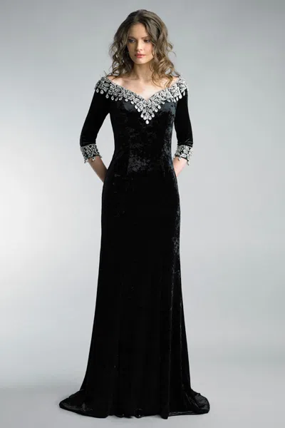 Basix Black Label Velvet Evening Gown With Crystal On Sleeves And Collar