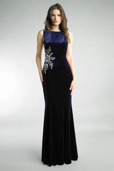 Basix Black Label Velvet Floral Embroidered Sleeveless Gown In Blue