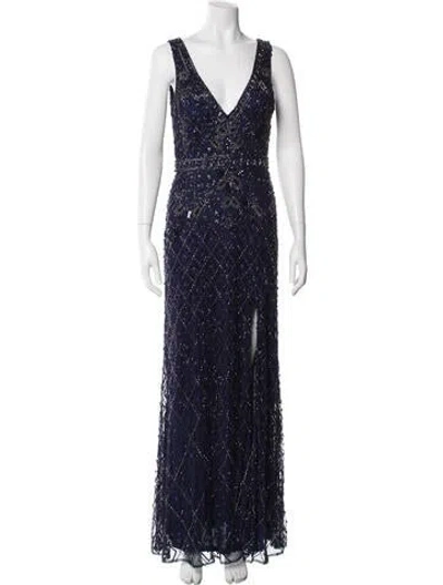 Pre-owned Basix Black Label V-neck Long Dress In Blue
