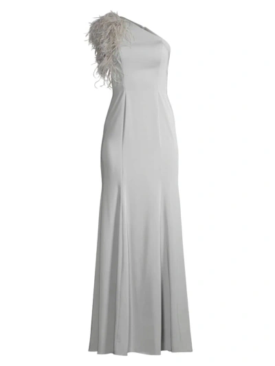 Basix Women's 1 Shoulder Ostrich Feather Gown In Silver