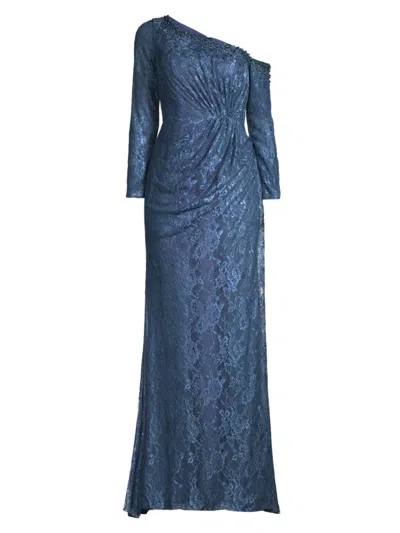 Basix Women's Asymmetric Embellished Lace Sleeve Gown In Navy